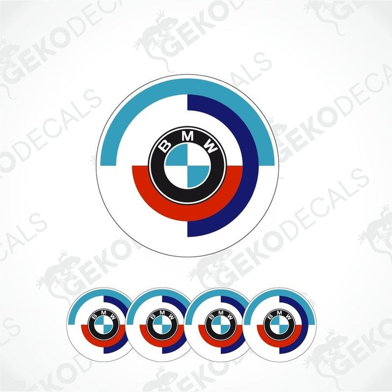 A set of four vinyl stickers with a BMW motorsport theme, featuring the BMW logo and colors blue, white, and red.