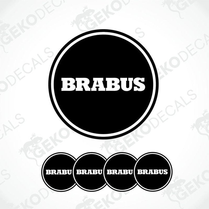 A set of four BRABUS branded vinyl decals with a black and white design.