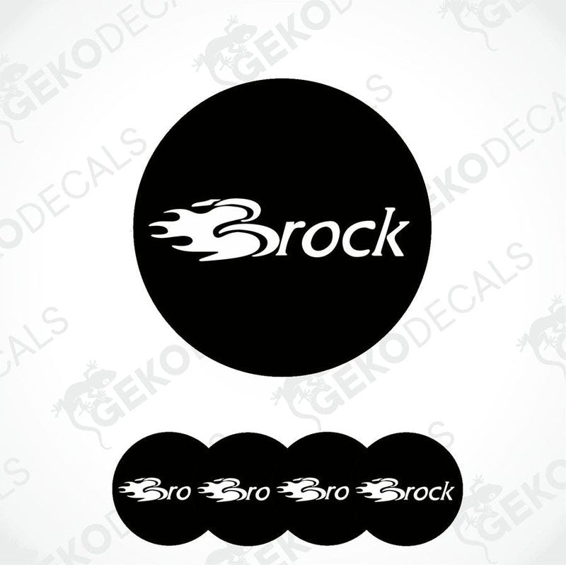 A set of four black vinyl stickers with the word 'BROCK' printed on them, arranged stacked on top of each other.