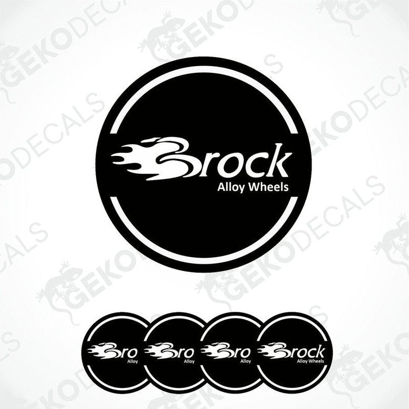 A set of four black vinyl stickers with the word 'BROCK ALLOY WHEELS' printed on them, arranged stacked on top of each other.