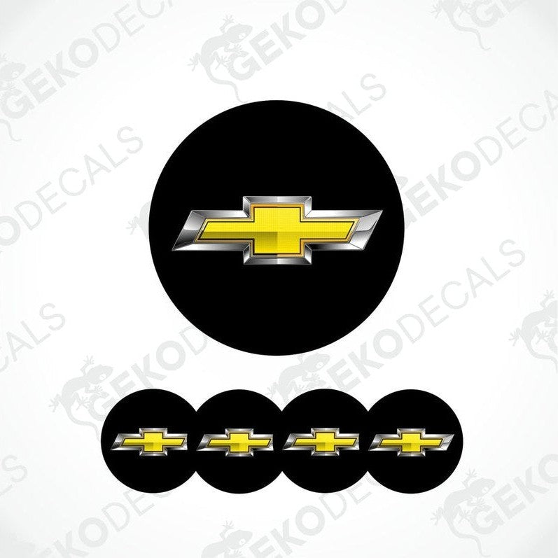 A set of four round vinyl stickers with a Chevrolet logo design, including two with a black background and two with a white background.