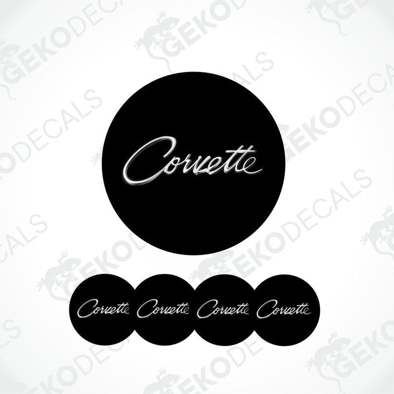 Set of four black vinyl decals with the word 'Corvette' written in white script, displayed on a white background.