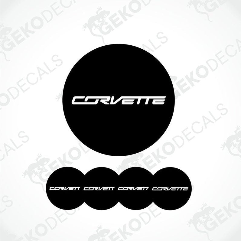 Set of four black vinyl decals with the text 'CORVETTE' on them, displayed on a white background.