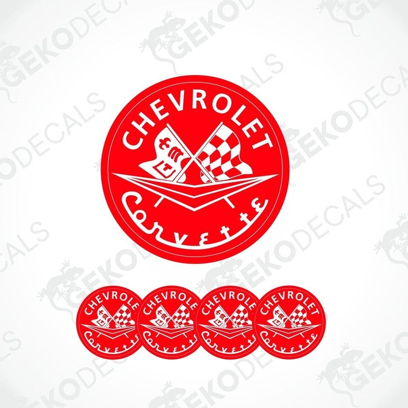 A set of red vinyl decals with the Chevrolet Corvette logo, including four different designs.
