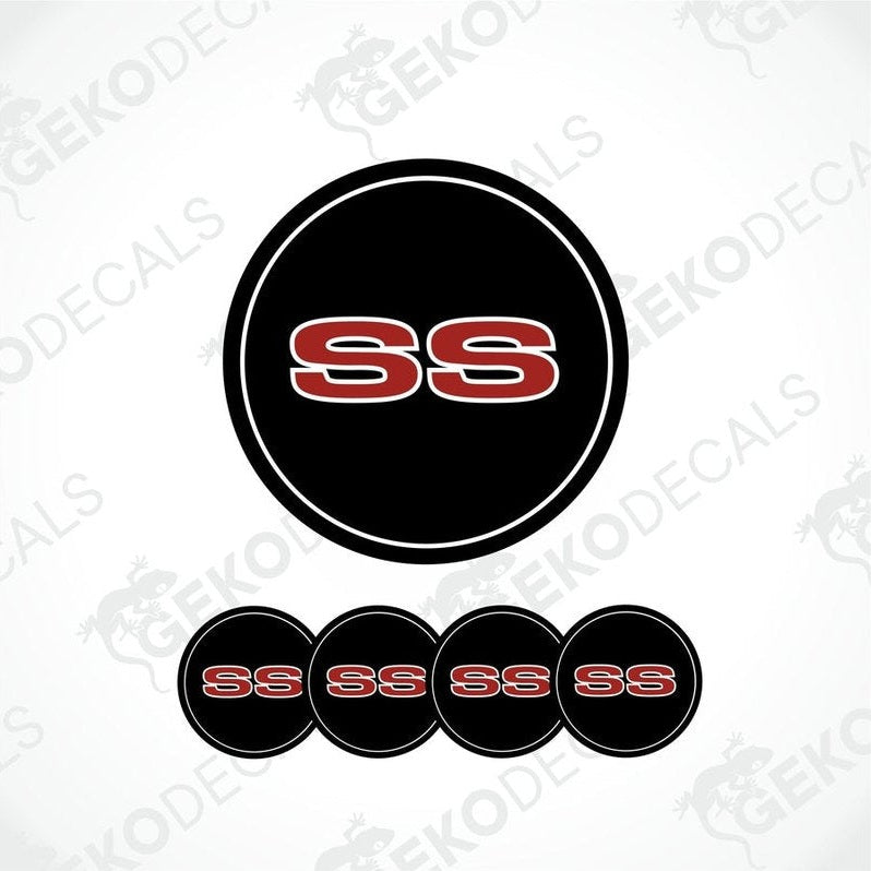 Set of four vinyl decals with a polyurethane coating, designed with the CHEVROLET SS logo in red on a black background, intended for use on vehicles.
