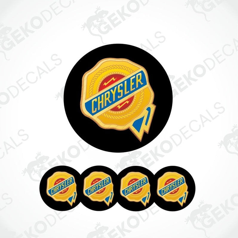 A set of four vinyl stickers with a Chrysler brand logo design, intended for use on car wheels or caps.