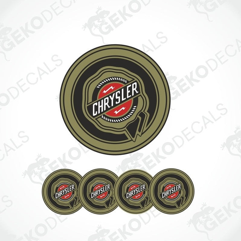 A set of four round vehicle decals with the Chrysler brand logo.