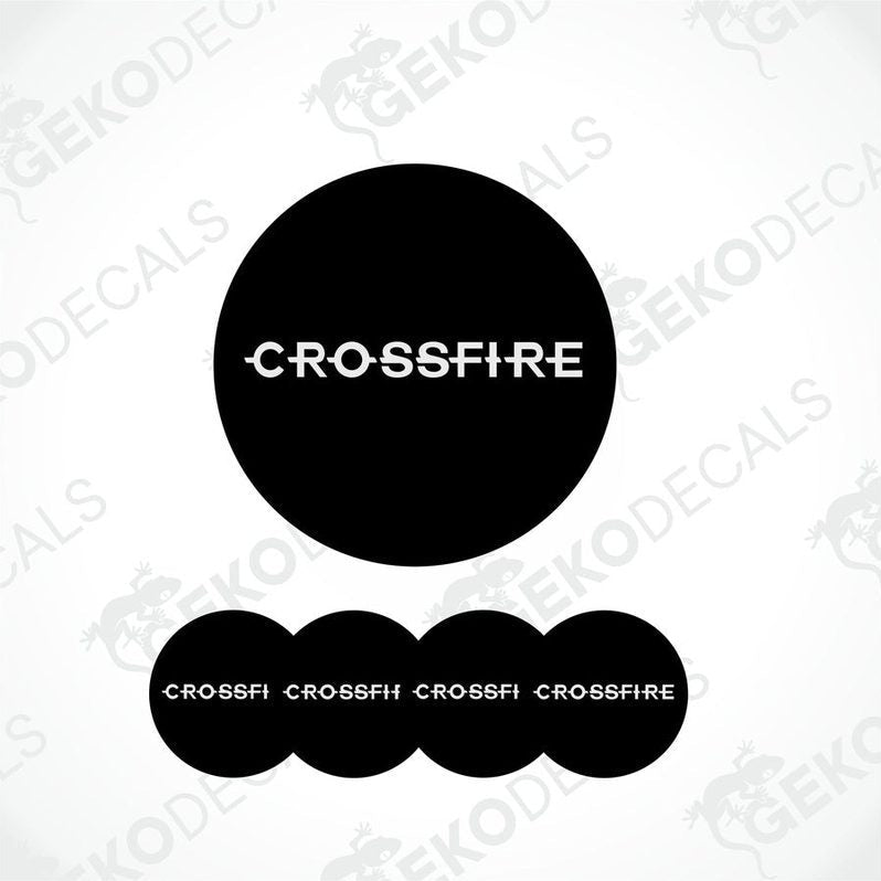 A set of black vinyl stickers with the text 'CROSSFIRE' displayed on them, intended as decals for a CHRYSLER vehicle.