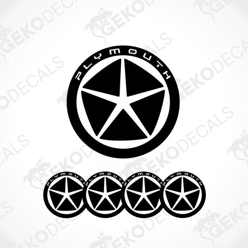 A set of four black and white vinyl stickers with a polyurethane coating featuring the text 'PLYMOUTH' and a star design, intended for use as car decals.