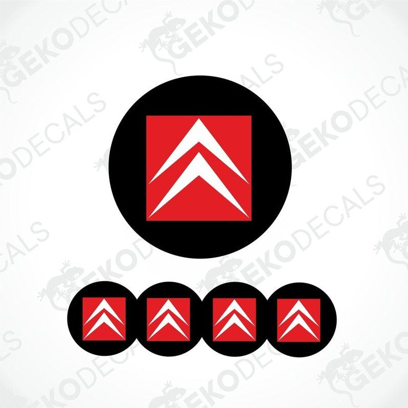 A set of four red and white car decals with a black background, featuring the CITROEN logo.