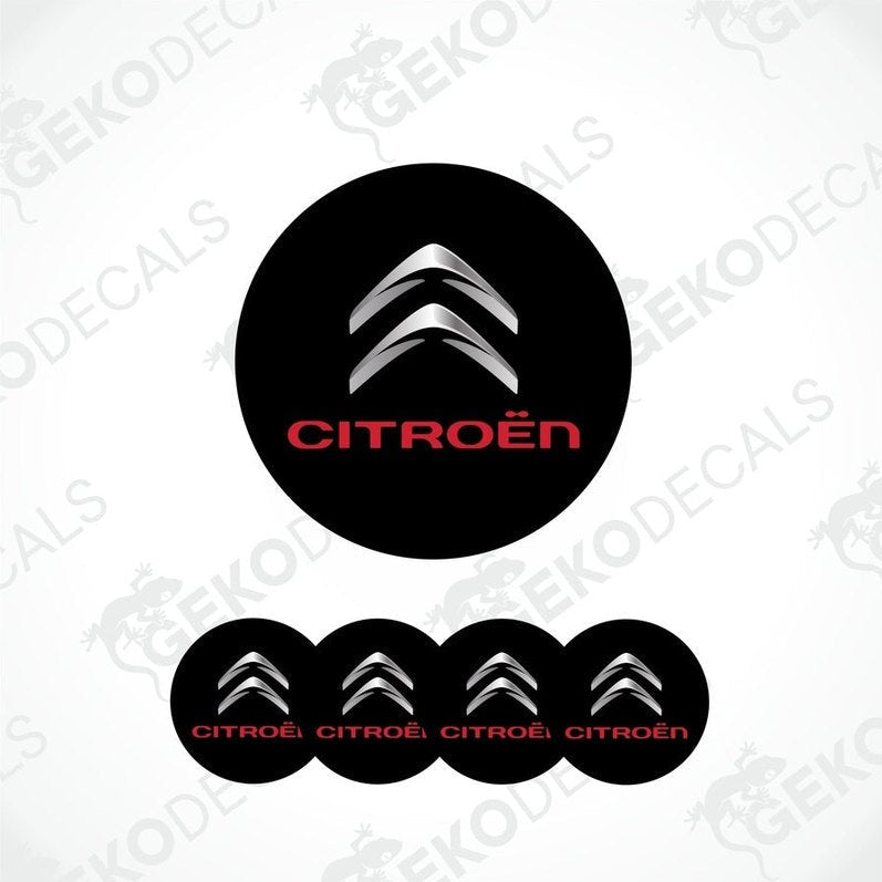 A set of black vinyl decals with the CITROEN logo in white, including four different sizes intended for use on a car.