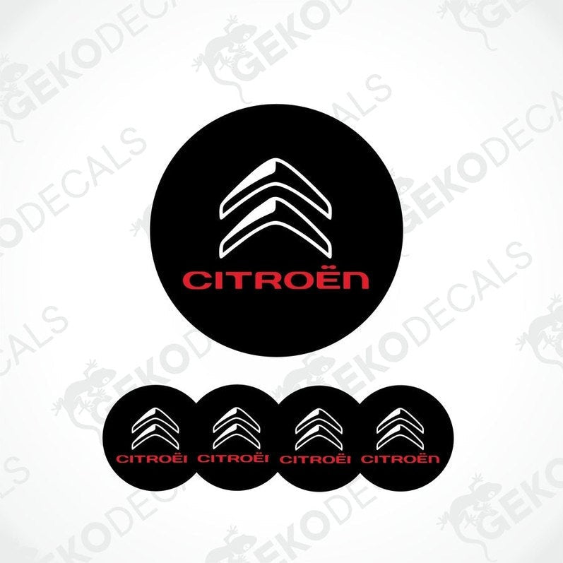 A set of four black, white, and red vinyl decals with the CITROën logo.
