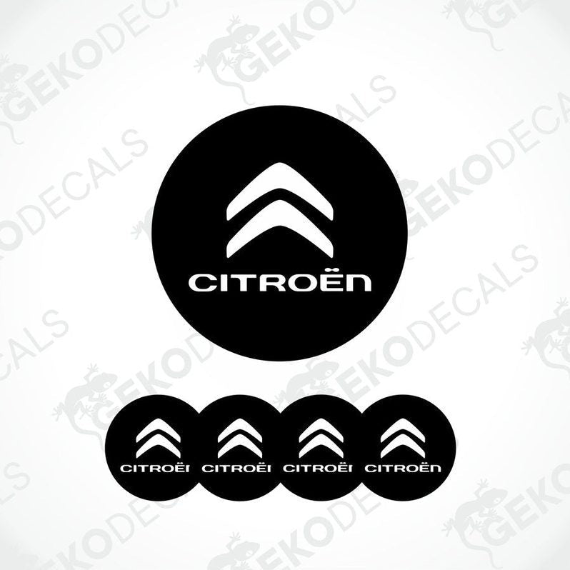 A set of four black vinyl stickers with the CITROEN brand logo designed for use on car wheels or caps.