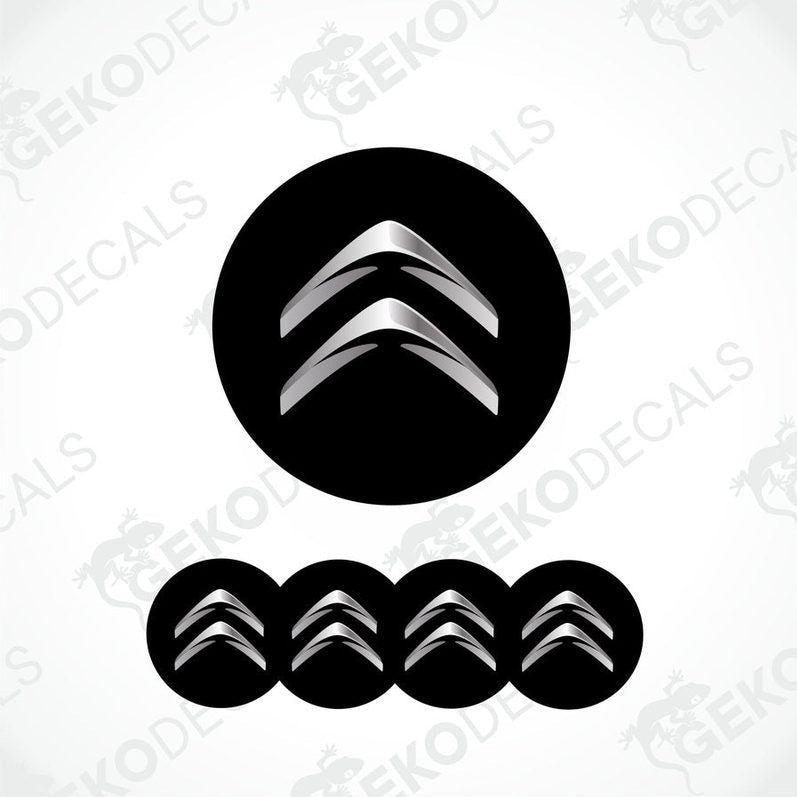 A set of black vinyl decals with the CITROEN logo in silver, including four different sizes intended for use on a car.