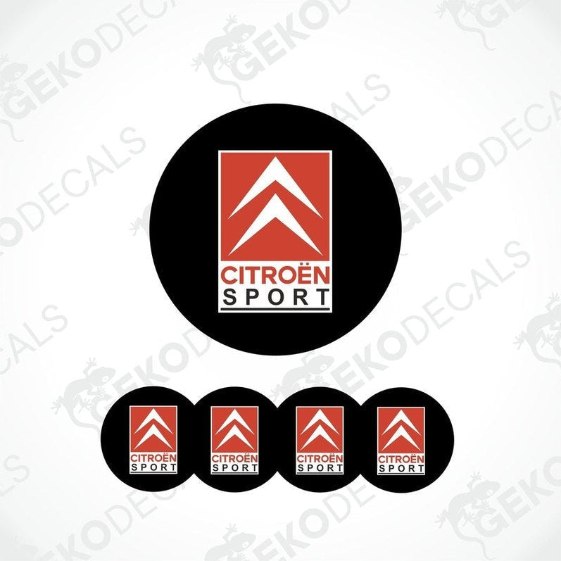 A set of four red and white vinyl stickers with the CITROEN SPORT logo, designed for use on car decals.
