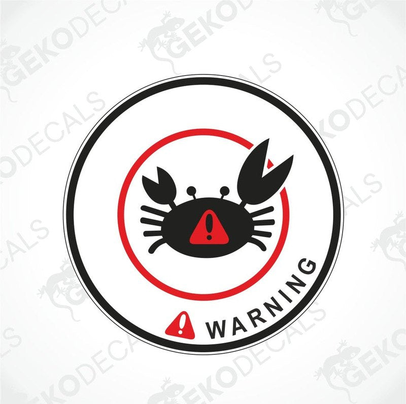 A black and red sticker with a graphic of a crab and the text 'WARNING' on it.