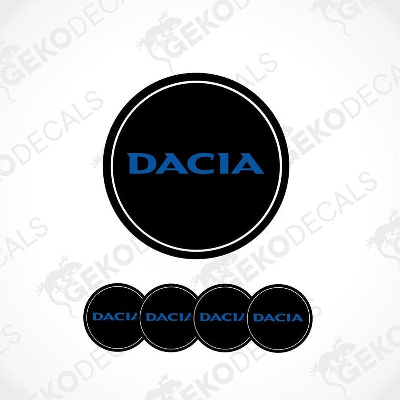 A set of four black vinyl stickers with the word 'DACIA' written in blue, designed for use on car decals.