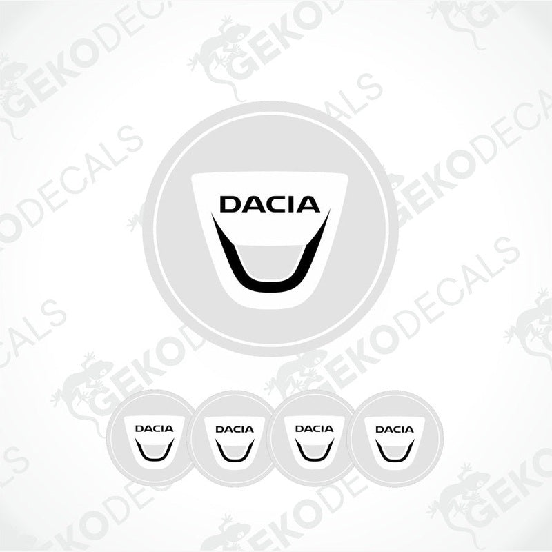 A set of four white vinyl stickers with the DACIA brand logo on them, designed for use as car decals.