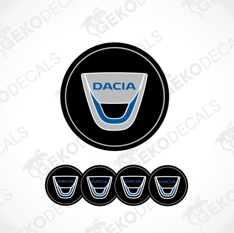 A set of four round DACIA branded vinyl stickers with a geometric design, including a black, blue, white, and silver color scheme.