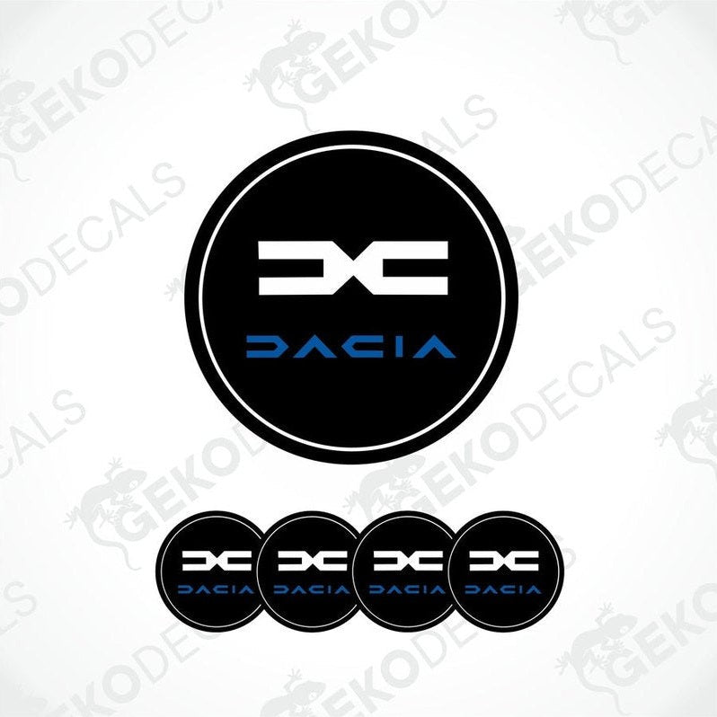 A set of four black vinyl stickers with blue and silver accents, featuring the word 'DACIA' in a bold font.