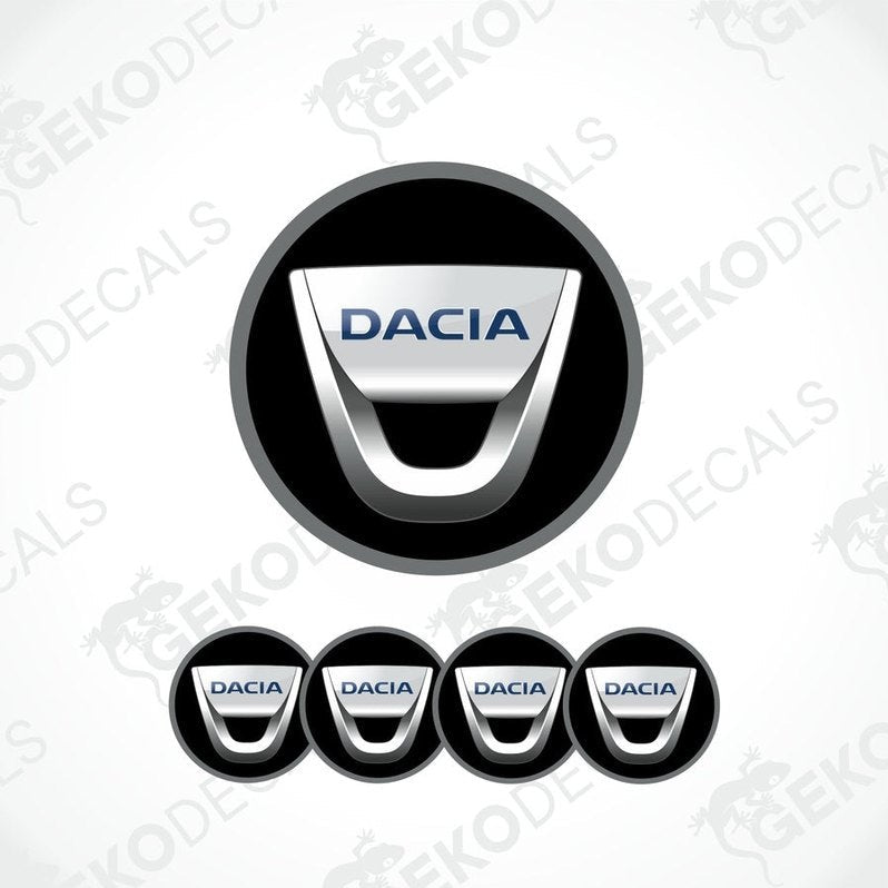 A set of four black vinyl stickers with the word 'DACIA' branded on them, designed for use as car decals.