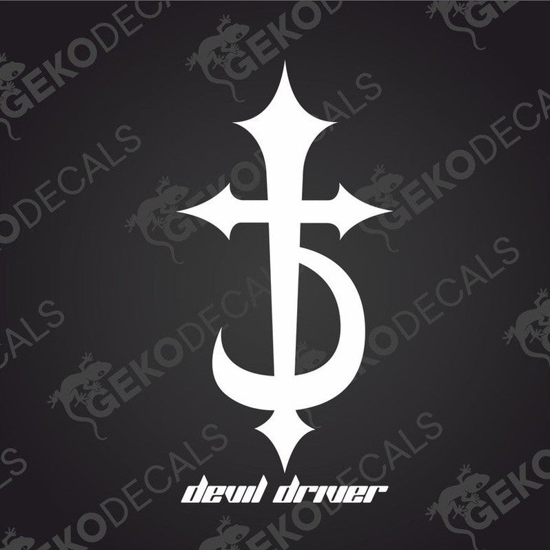 A design with a white cross and the text 'DEVIL DRIVER' in capital letters.