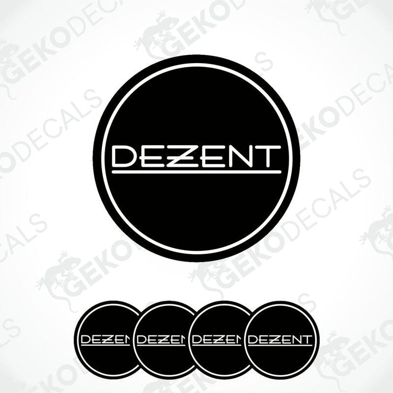 A set of four black vinyl decals with the word 'DEZENT' written in white letters.