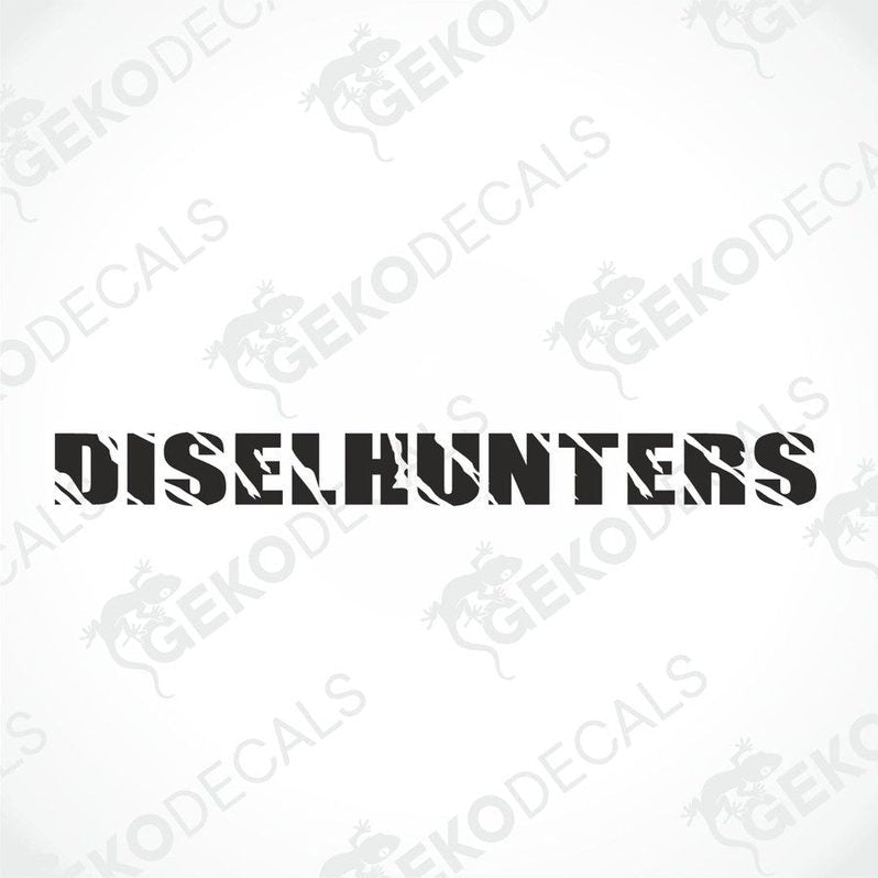 Black car windshield sticker with cut-out text DISELHUNTERS