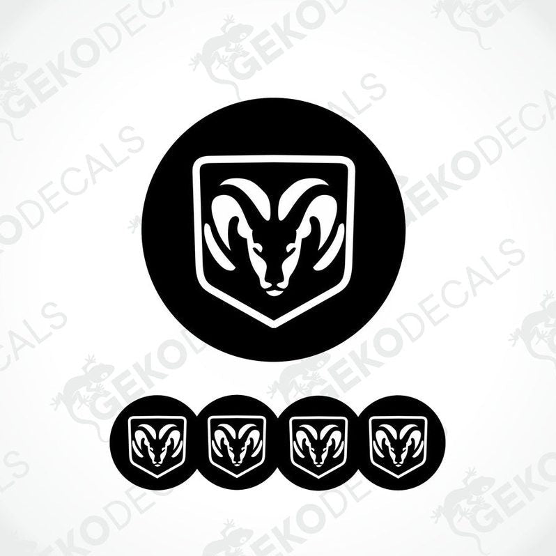 A set of black vinyl decals with a white DODGE ram's head design, intended for use as car wheel decals.