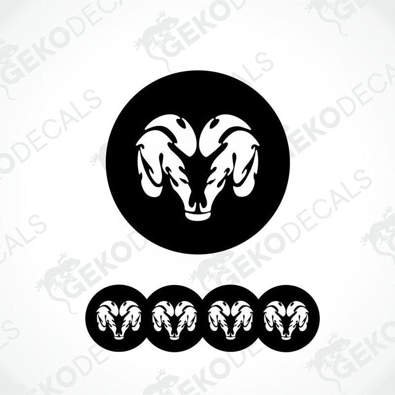 A set of black vinyl decals with a white DODGE ram's head design, intended for use as car wheel decals.