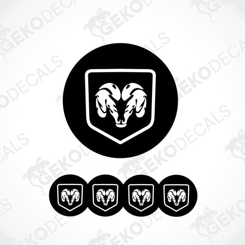 A set of black vinyl decals with a white DODGE ram's head design, intended for use as car wheel decals.