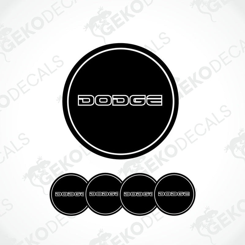 A set of black vinyl decals with the Dodge logo, including four round stickers and one larger oval sticker.
