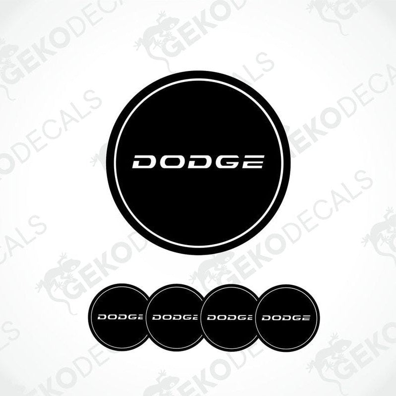 A set of four black vinyl stickers with the word 'DODGE' printed on them, arranged in a circular pattern with a white background.
