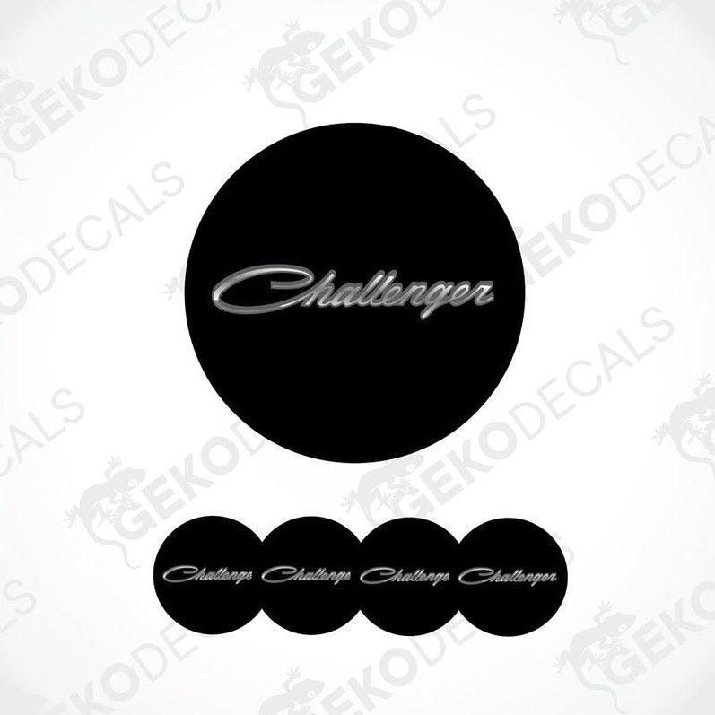 A set of four black vinyl stickers with the word 'CHALLENGER' written on them.