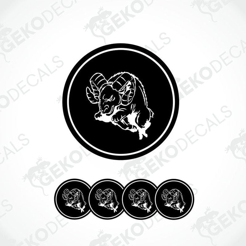 A set of four black and white vinyl stickers with the logo 'DODGE RAM' written on them.