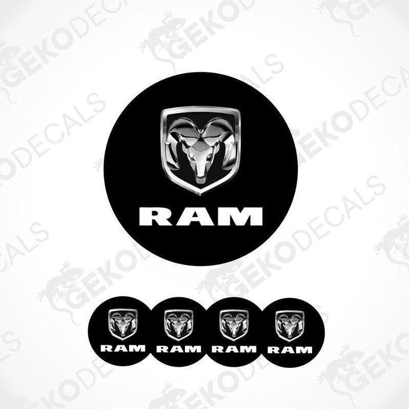A set of four black vinyl stickers with the word 'RAM' and a ram logo printed on them.