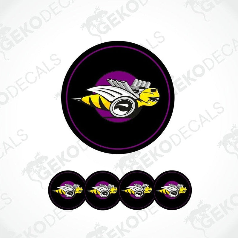 A set of four vinyl decals featuring the Dodge Rumblebee logo in black, purple, and yellow colors.