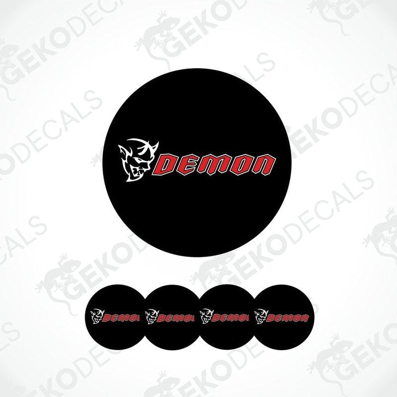 Set of vinyl decals for a Dodge SRT Demon, including four black and red dome-shaped stickers.