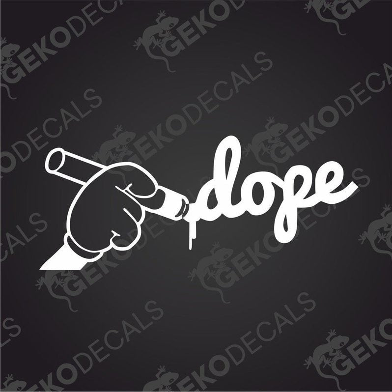 White DOPE die cut car decal with cursive marker design and drip detail