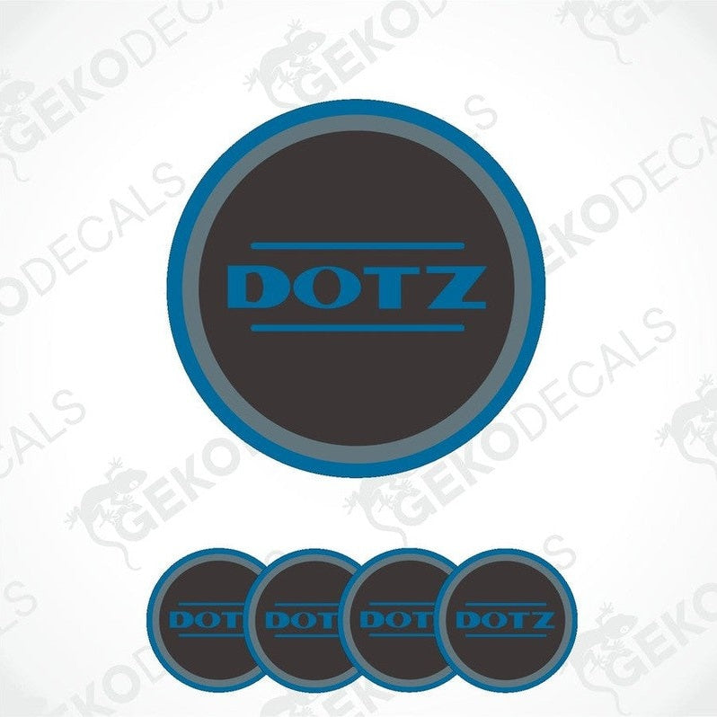 A set of four black vinyl stickers with the word 'DOTZ' printed in blue.