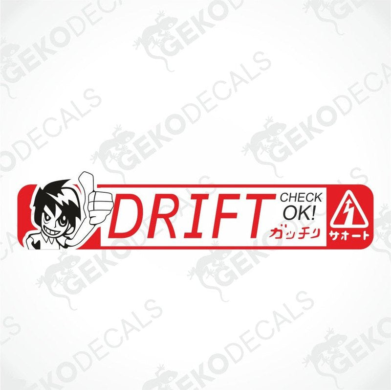 Red, black and white design, with a boy on the left with a thumbs up and the word Drift in the middle, and hieroglyphs on the right.