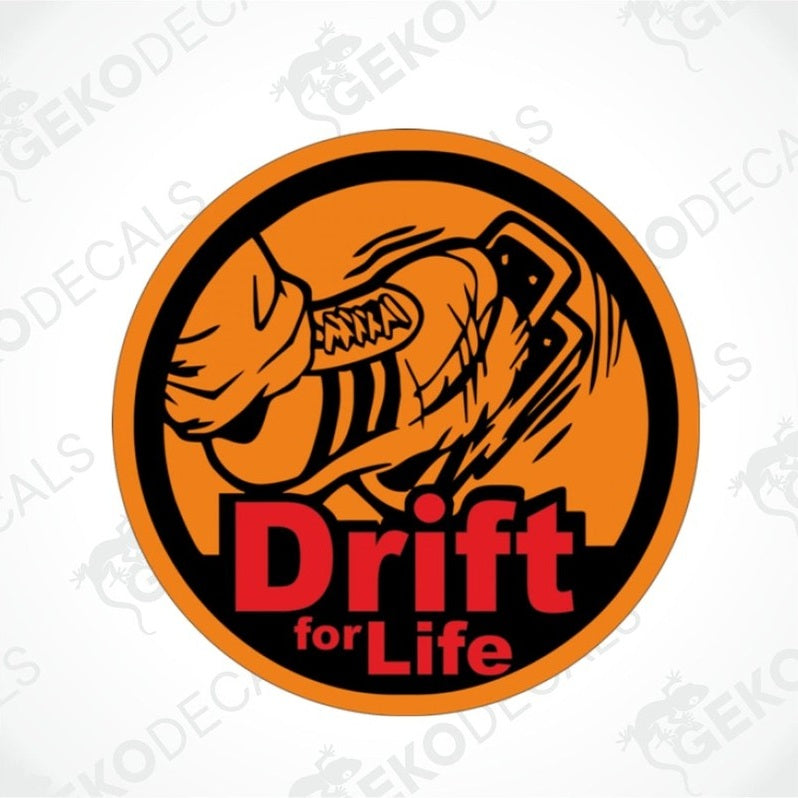 A car decal sticker with a graphic design featuring text 'Drift for Life' and an image of a car wheel in a circular orange background.