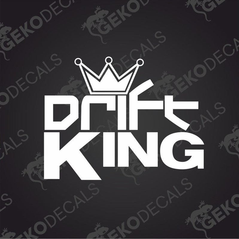 A white decal with the text 'DRIFT KING' topped by a crown, intended for use on vehicles or other surfaces.