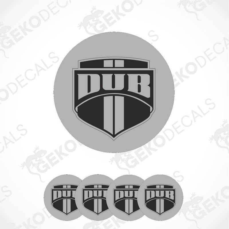 A set of four circular vinyl stickers with a polyurethane coating featuring the 'DUB' logo in black and silver.