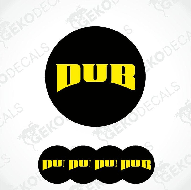 A set of four round black vinyl stickers with the word 'DUB' written in yellow.