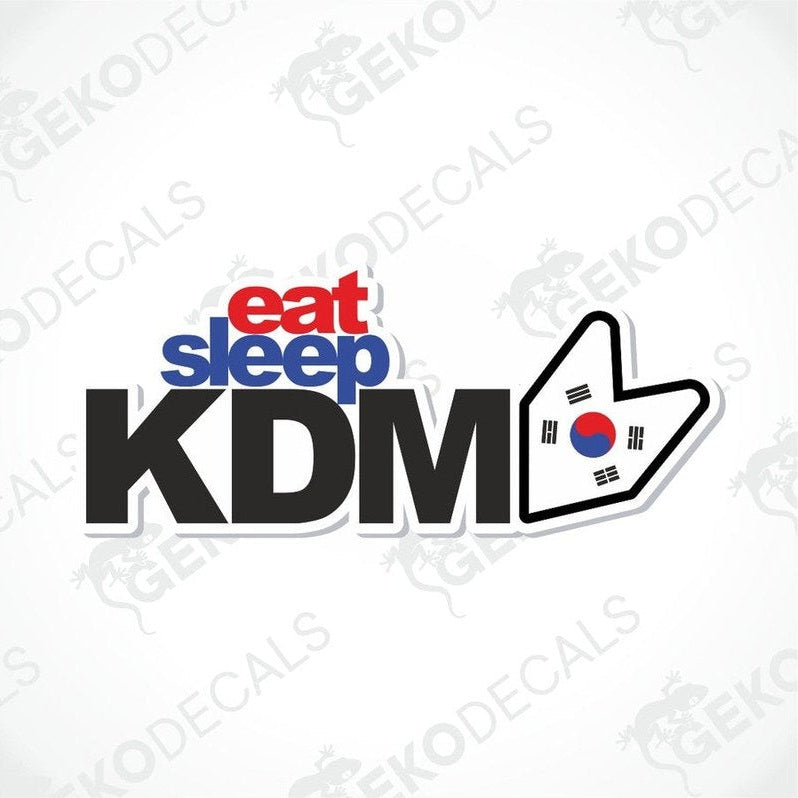 EAT SLEEP KDM car decal with red blue text and South Korean flag thumbs-up sticker