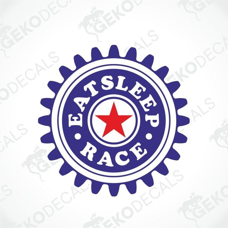 A blue and white car decal with the text 'EAT SLEEP RACE' and a graphic of a gear and a star.