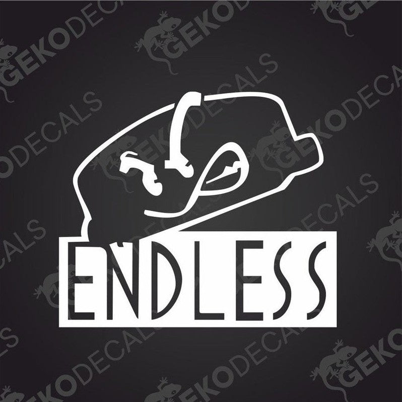 White ENDLESS die cut car decal with gecko logo on transfer paper