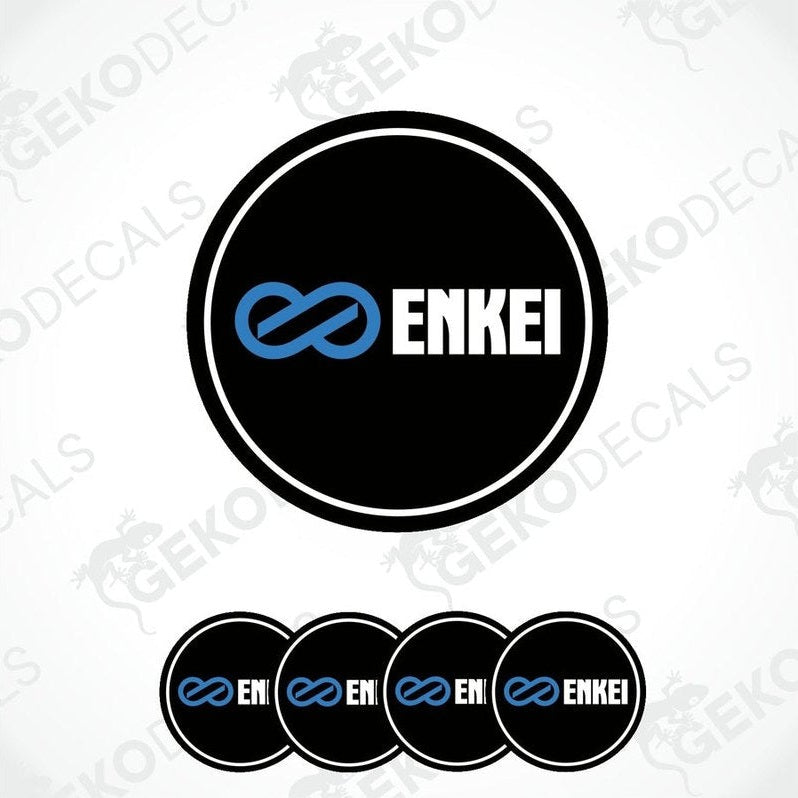 A set of four black vinyl stickers with the ENKEI brand logo in blue and white.