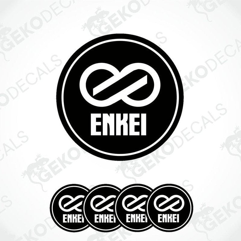 A set of four black vinyl stickers with a white ENKEI logo design.